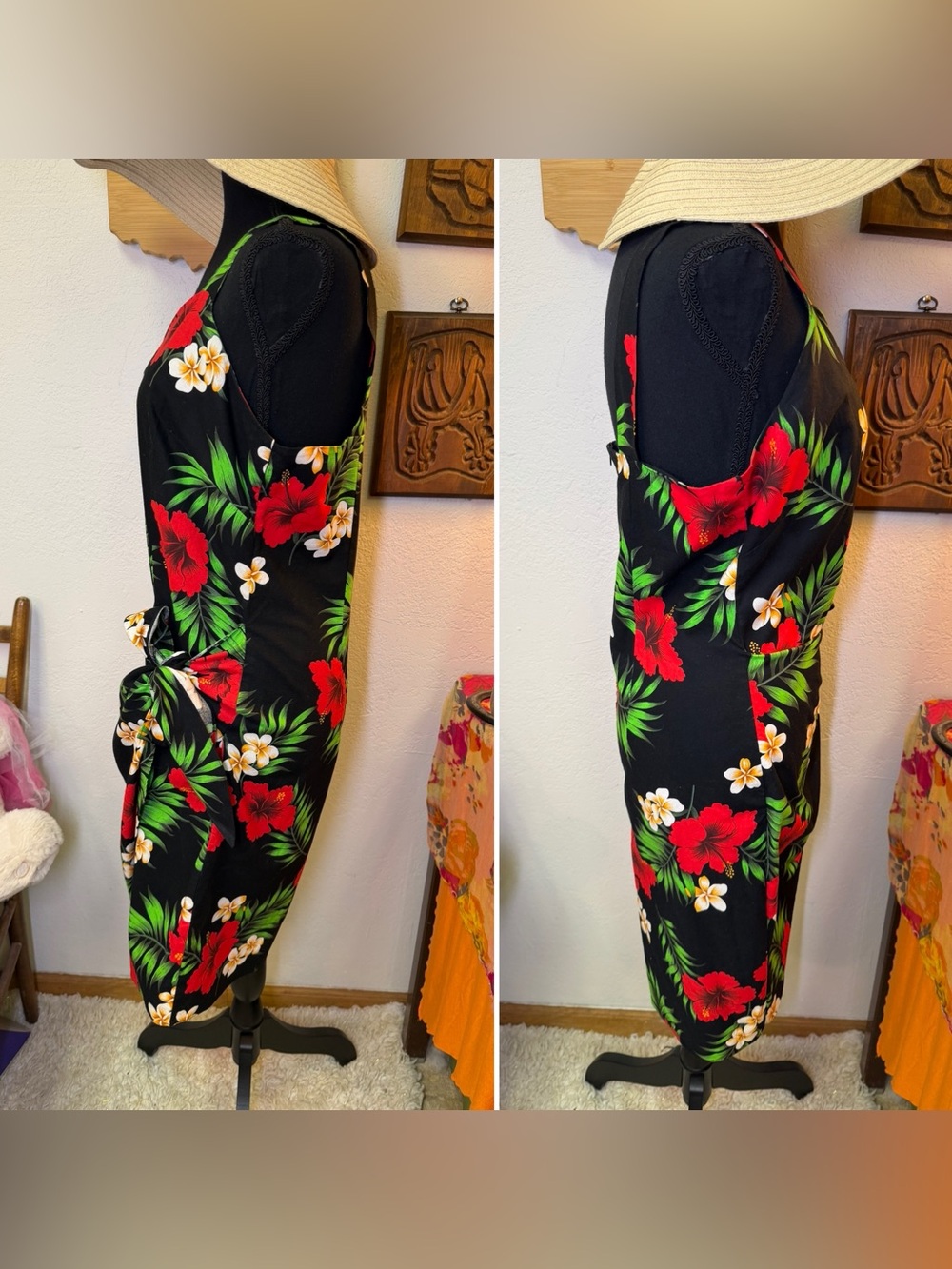 Evergreen Island Made In Hawaii Tropical Floral Wrap Dress Black Hibiscus LARGE - Picture 7 of 14